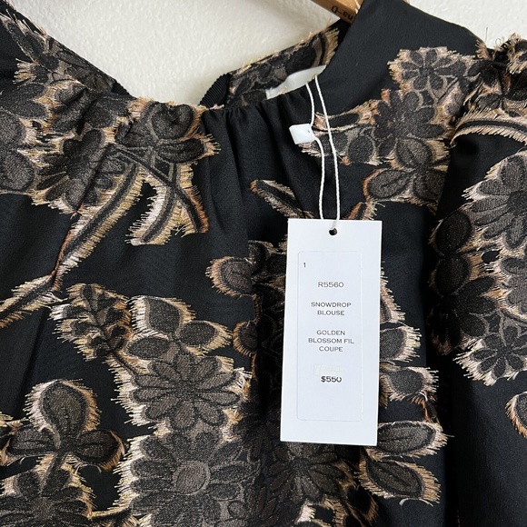 CHARLOTTE BRODY Snow Drop Silk Puff Sleeve Top in Golden Blossom Fil Coupe Black - Picture 6 of 12